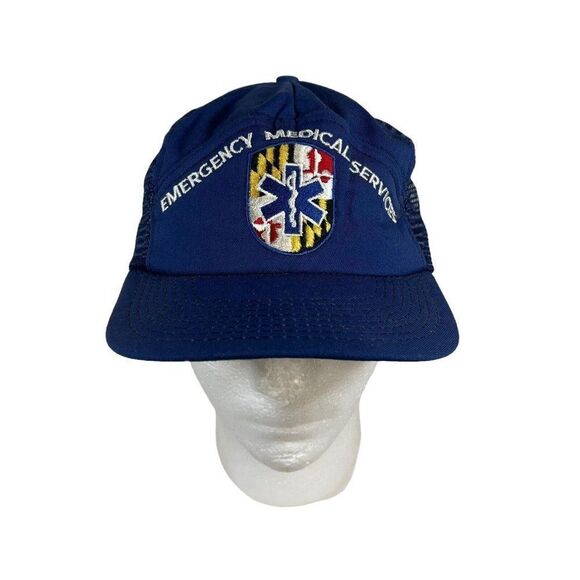 Vintage EMS Trucker Hat Mesh Back Navy Blue Emergency Medical Services SnapBack - Picture 1 of 5